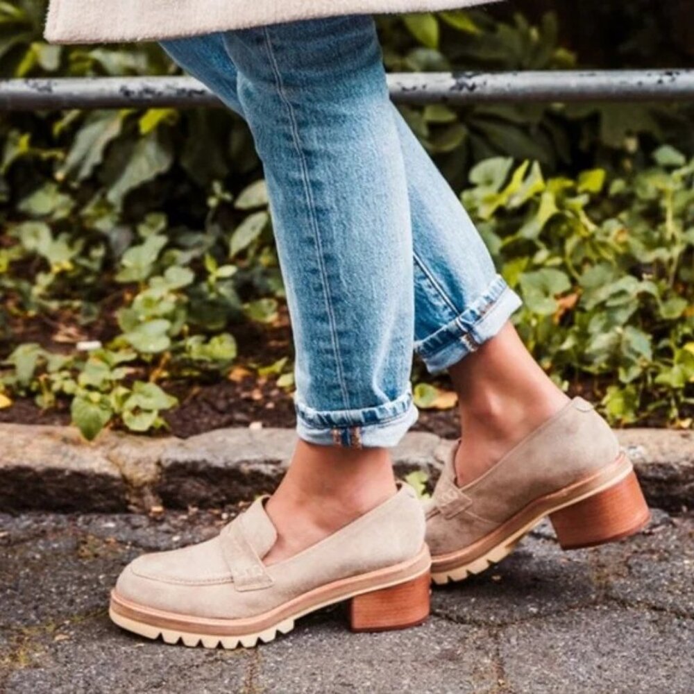 Bernardo Selma Suede Slip-On Lug Sole Block Heel Loafers in Clay Split, Size 10M